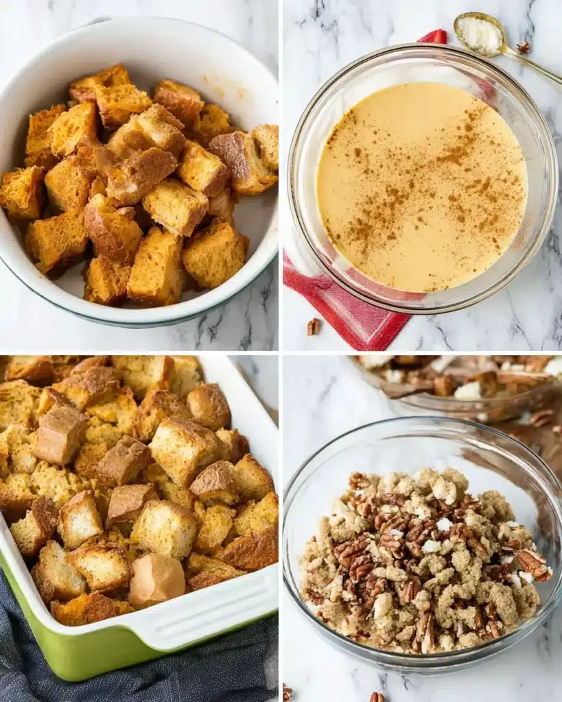 Step-by-step collage showing cubed bread, pumpkin custard, soaked casserole, and pecan streusel for pumpkin French toast bake