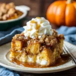 Close-up of pumpkin French toast casserole with streusel topping, maple syrup, and whipped cream on a rustic plate