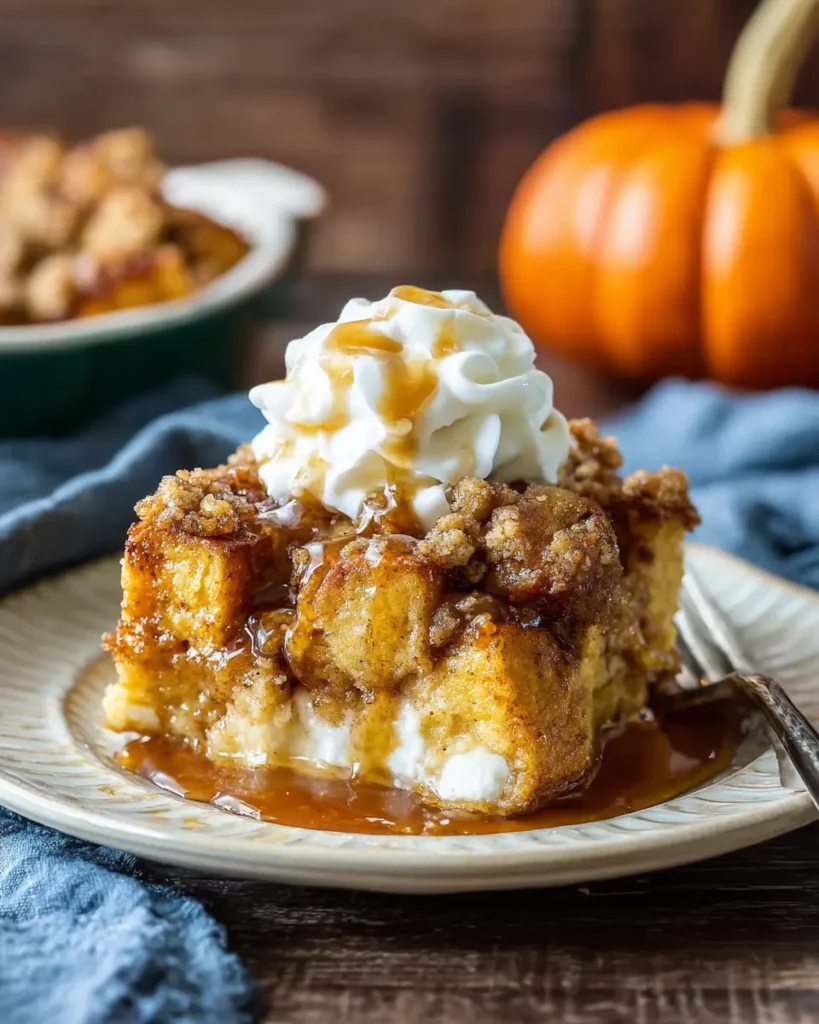 Close-up of pumpkin French toast casserole with streusel topping, maple syrup, and whipped cream on a rustic plate
