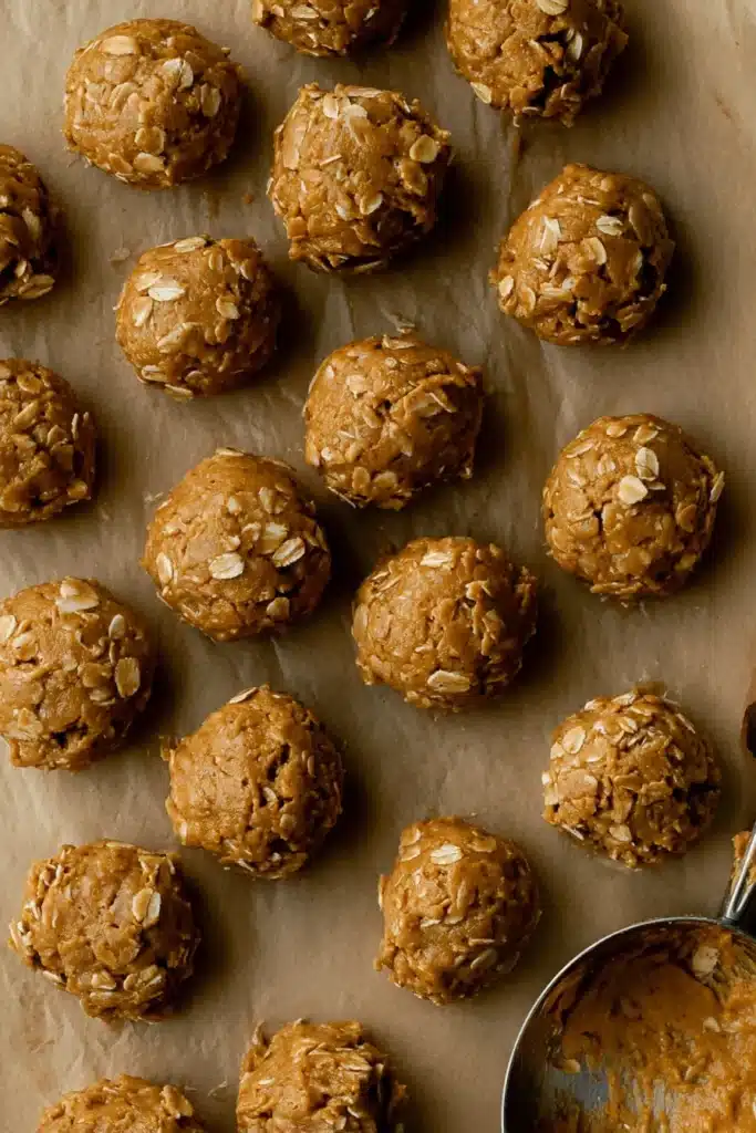 Scoops of pumpkin oatmeal cookie dough with oats on parchment paper, ready for baking.