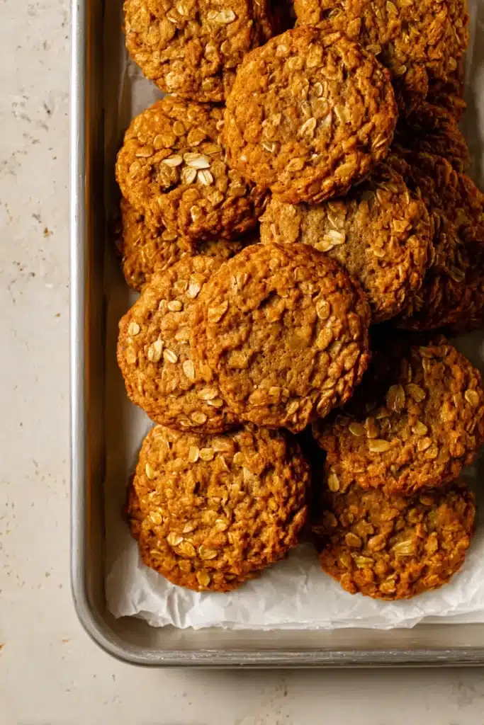 A tray of freshly baked pumpkin oatmeal cookies with a chewy, golden texture and visible oats.