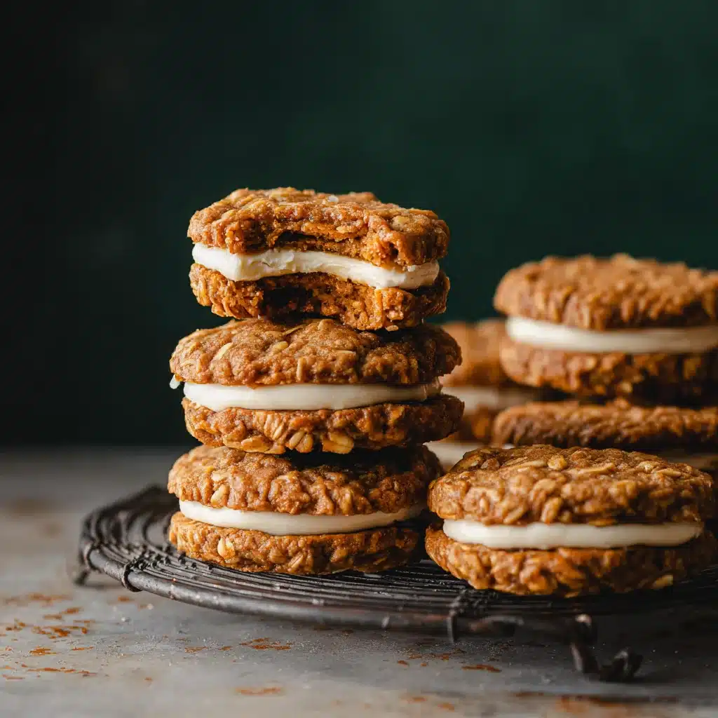Close-up of chewy pumpkin oatmeal cream pies stacked on a cooling rack with creamy maple filling.