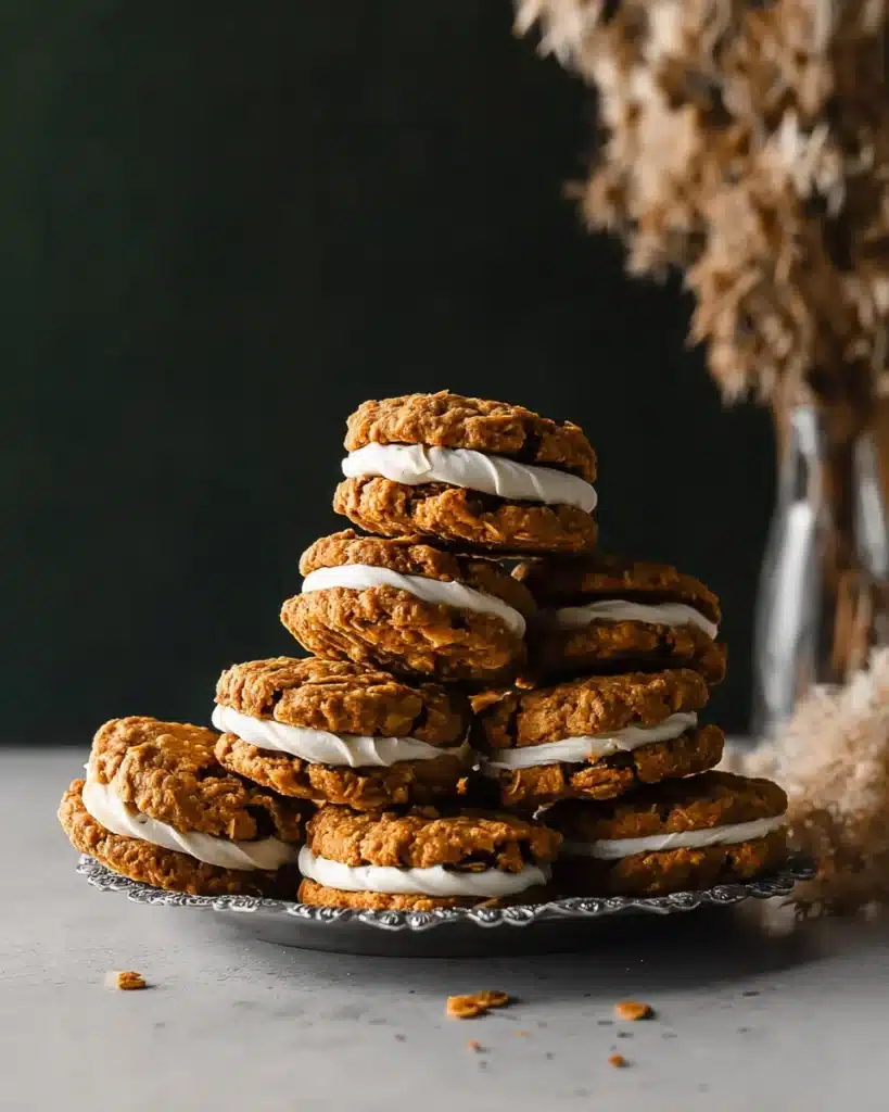 Stack of chewy pumpkin oatmeal cream pies with maple frosting on a vintage plate and warm fall background.