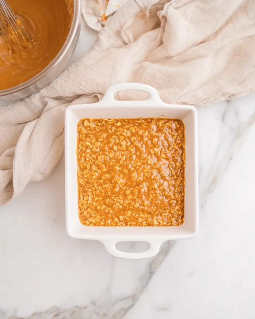 Unbaked pumpkin oatmeal mixture in a white baking dish on marble countertop