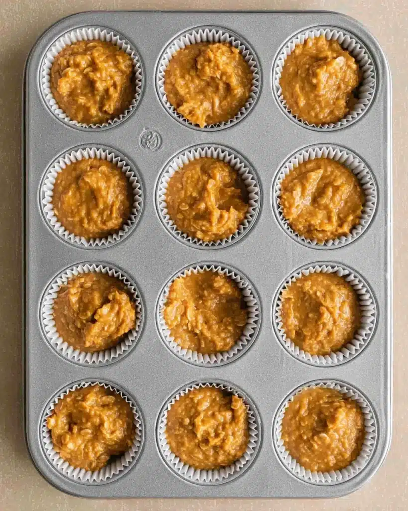 Pumpkin oatmeal muffin batter scooped into a muffin tin lined with paper liners, ready to bake.