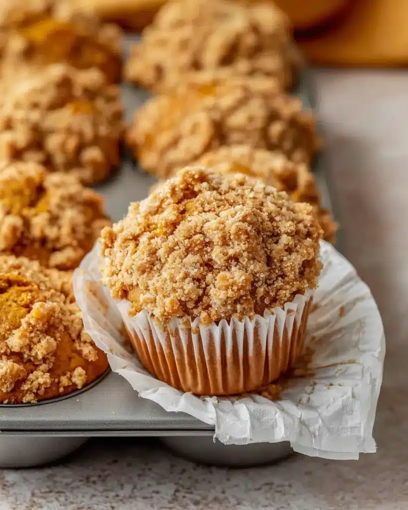 Close-up of a pumpkin oatmeal muffin with oat streusel, held in hand with wrapper peeled.