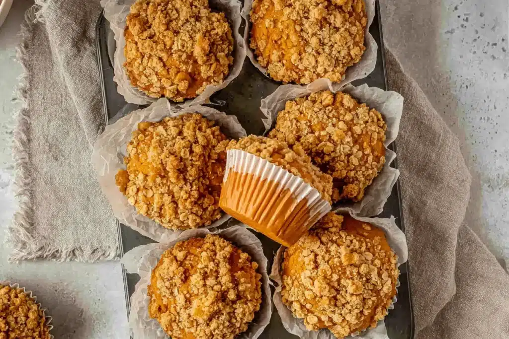 Freshly baked pumpkin oatmeal muffins topped with crunchy oat streusel in a parchment-lined tray.