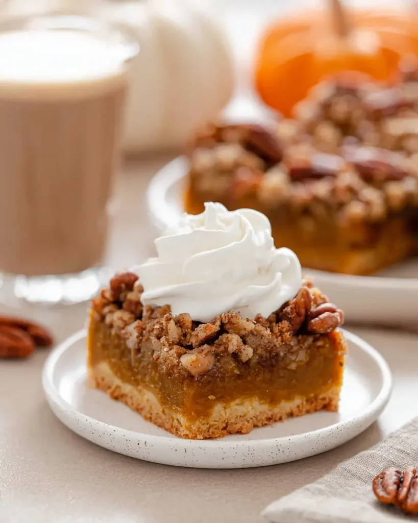 Pumpkin pecan pie bar with whipped cream on white plate, showing crunchy pecan topping, smooth pumpkin filling, and cookie crust.