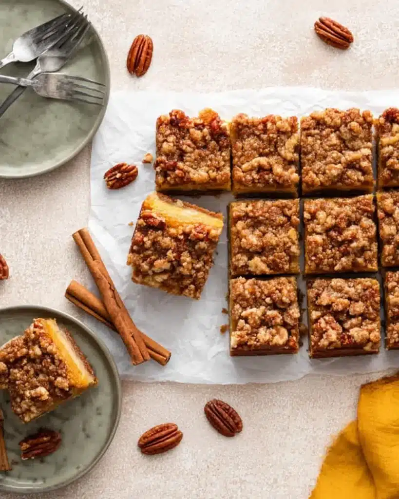 Overhead view of pumpkin pecan pie bars sliced into squares on parchment, showing crisp pecan topping, soft pumpkin layer, and buttery crust.