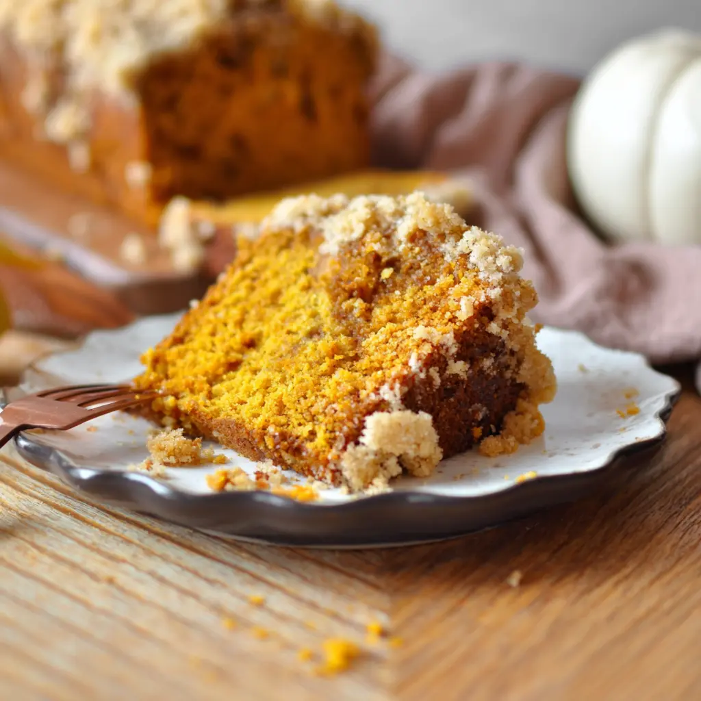 Partially eaten slice of pumpkin streusel bread on a white plate, with crumbs and glaze visible.