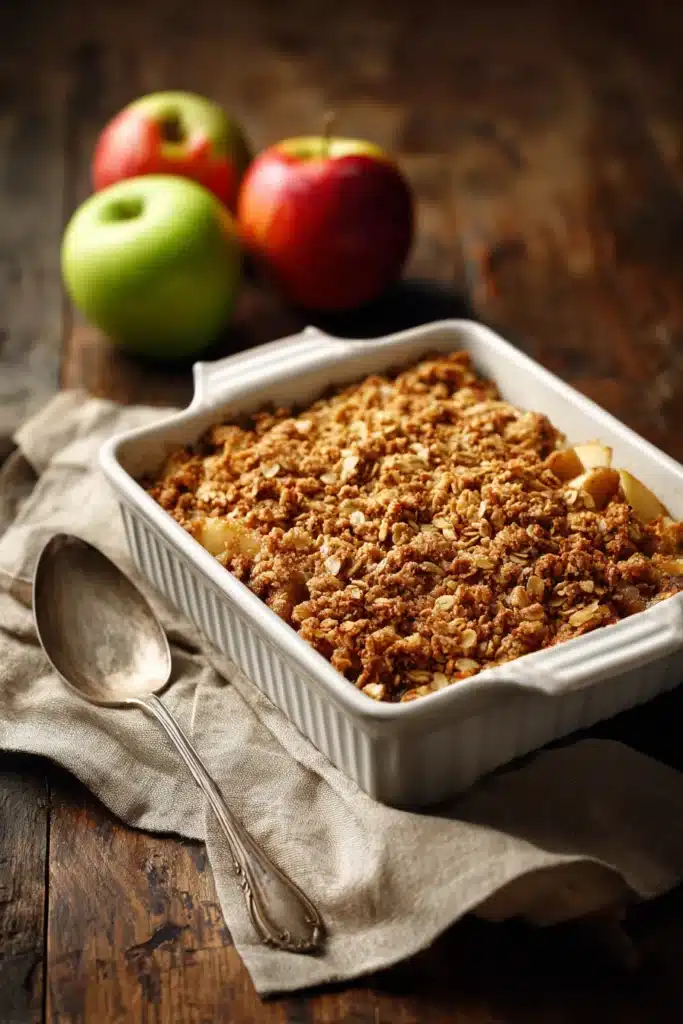 Homemade easy apple crisp dessert in a white ceramic baking dish on rustic wood table, baked apple crisp with oats, whole apples and spoon"
