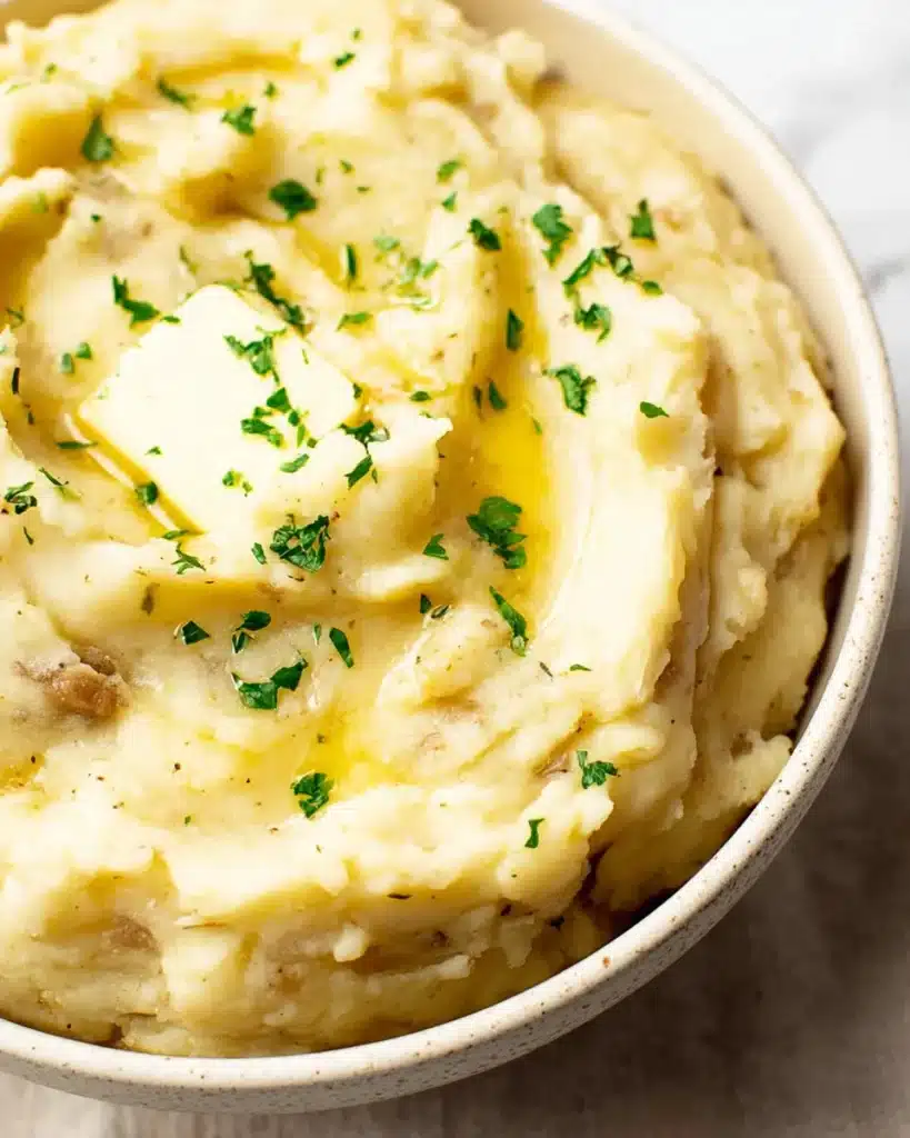 Creamy crockpot mashed potatoes with melted butter and parsley in a white bowl