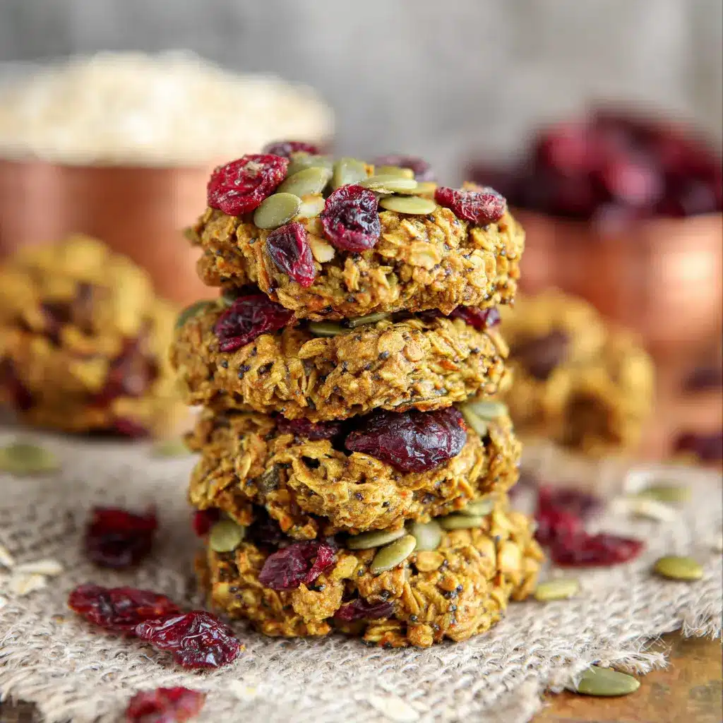 Stack of cookies from a Pumpkin Breakfast Cookies recipe, made with oats, seeds, and cranberries, on a rustic surface

