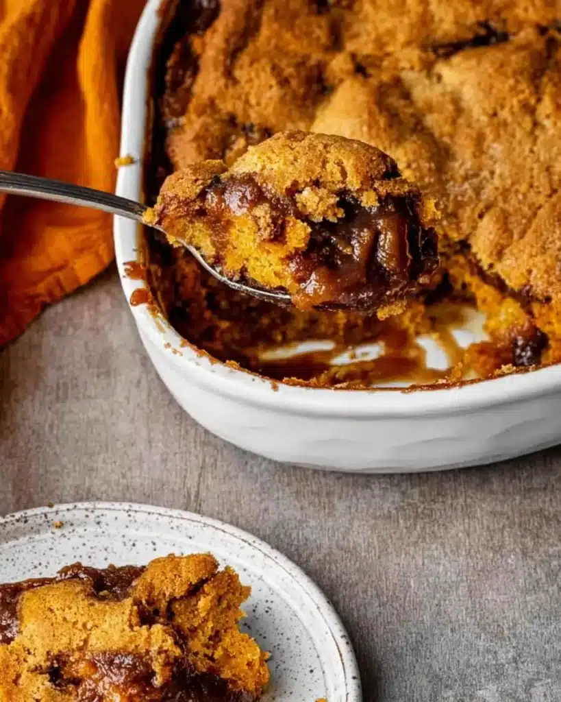 Spoon lifting pumpkin cobbler with gooey caramel center from a baking dish into a white serving bowl on a cozy fall table