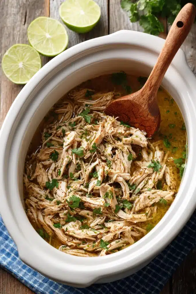 Juicy shredded ranch chicken in slow cooker with fresh cilantro and wooden spoon