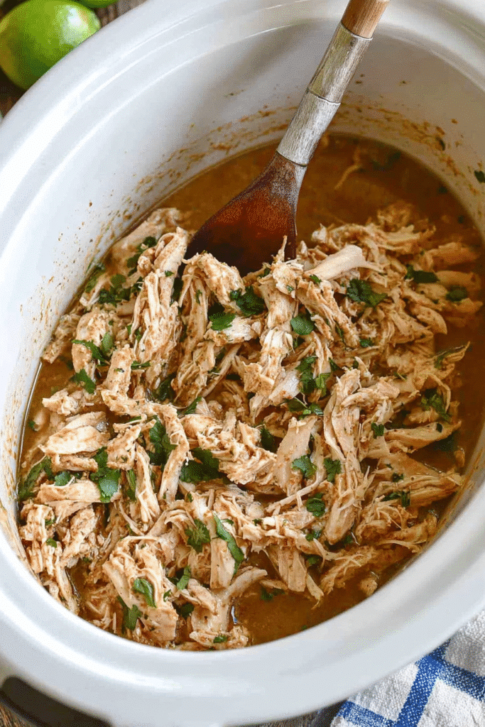 Juicy shredded ranch chicken in slow cooker with fresh cilantro and wooden spoon