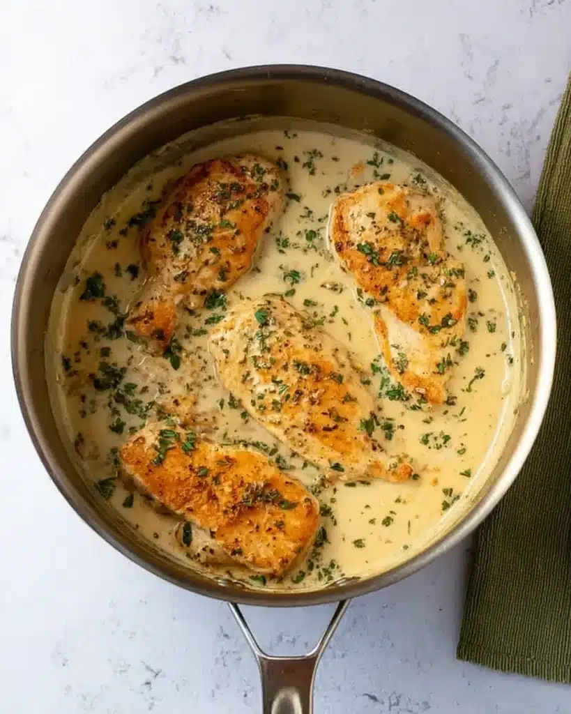 Garlic Parmesan Chicken breasts simmering in a creamy sauce inside a stainless steel pot, garnished with parsley.