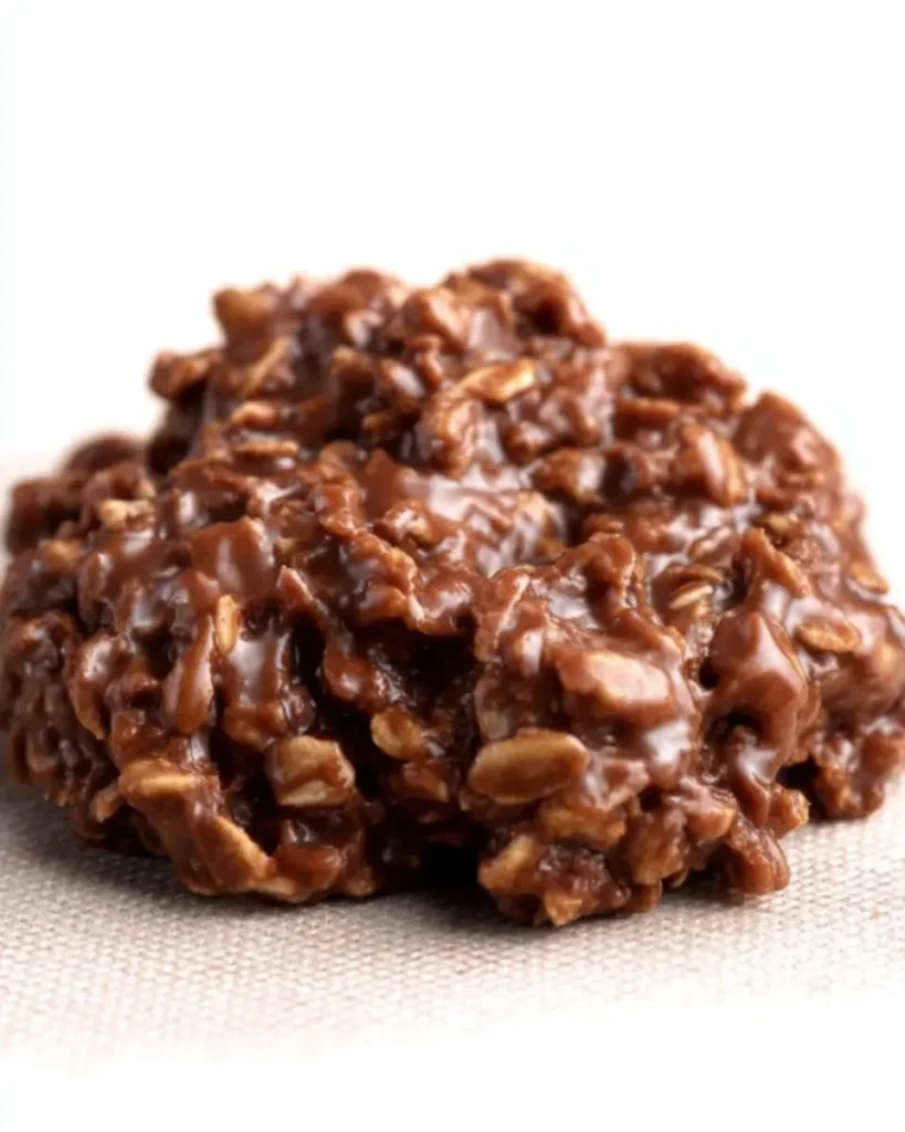Close-up of a single gluten-free no bake cookie with chunky oat texture and glossy chocolate coating on a neutral background.