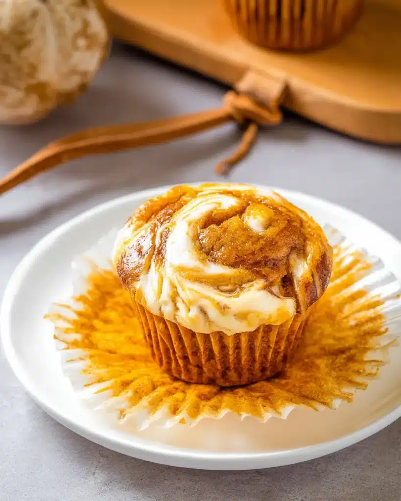 Pumpkin cream cheese swirl muffin with liner peeled back on white plate