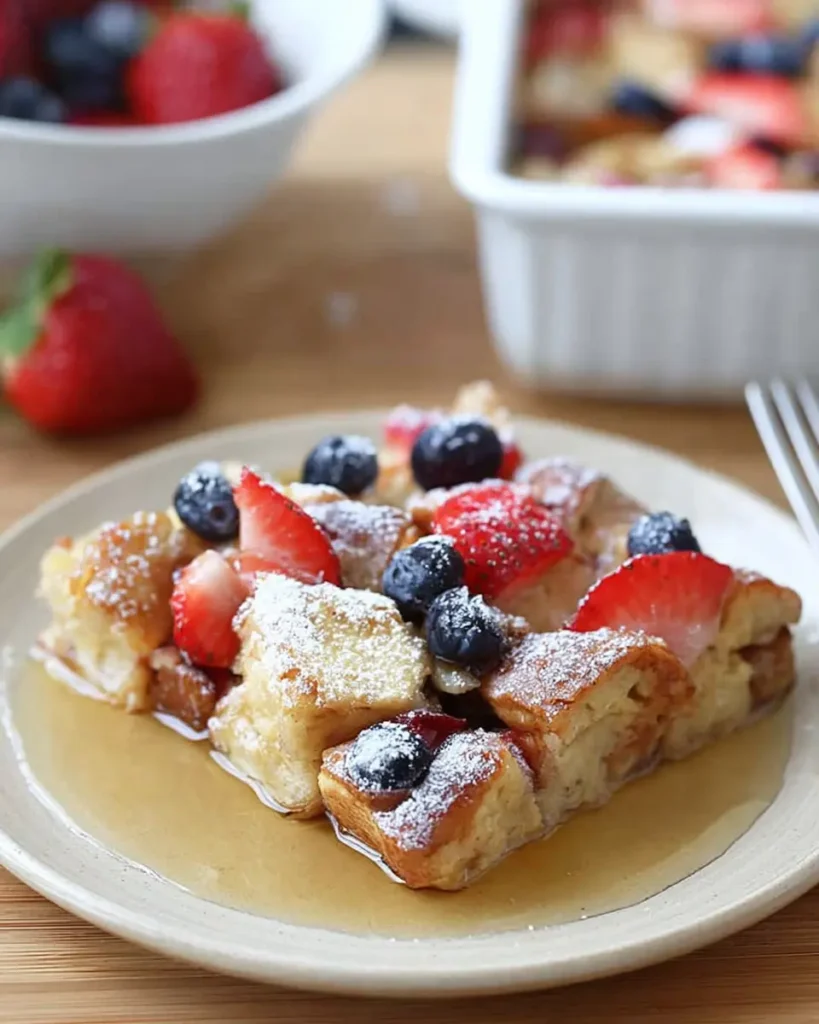 Close-up of a plated slice of berry French toast casserole with strawberries, blueberries, powdered sugar, and maple syrup.
