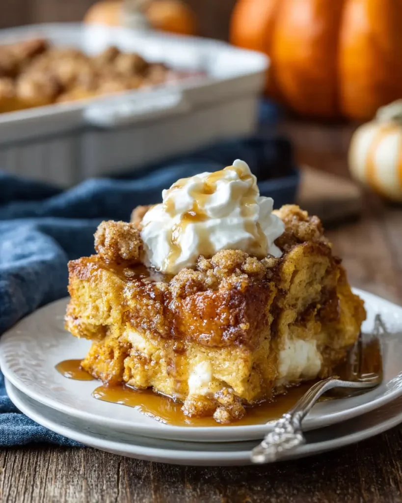 Slice of pumpkin French toast casserole with whipped cream and maple syrup on a white plate
