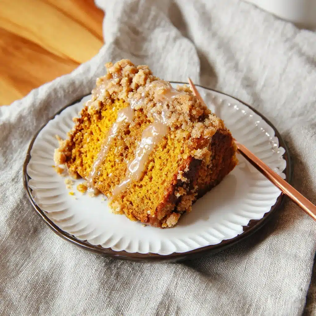 Moist slice of pumpkin streusel bread with crumb topping and maple glaze on a white plate