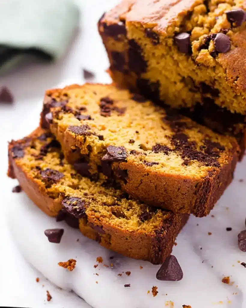 Close-up of sliced chocolate chip pumpkin bread showing moist interior and crispy edges