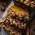 Close-up of sliced pumpkin chocolate chip bread with crumbly streusel and melted chocolate on a rustic board.