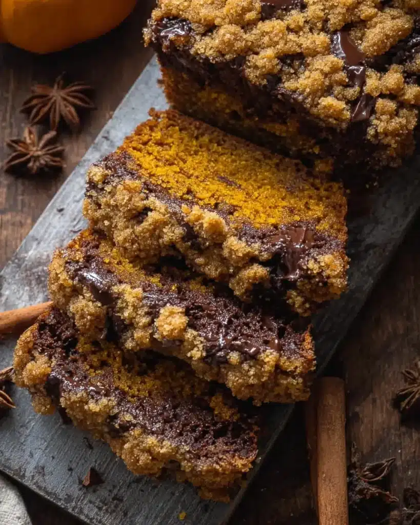 Close-up of sliced pumpkin chocolate chip bread with crumbly streusel and melted chocolate on a rustic board.