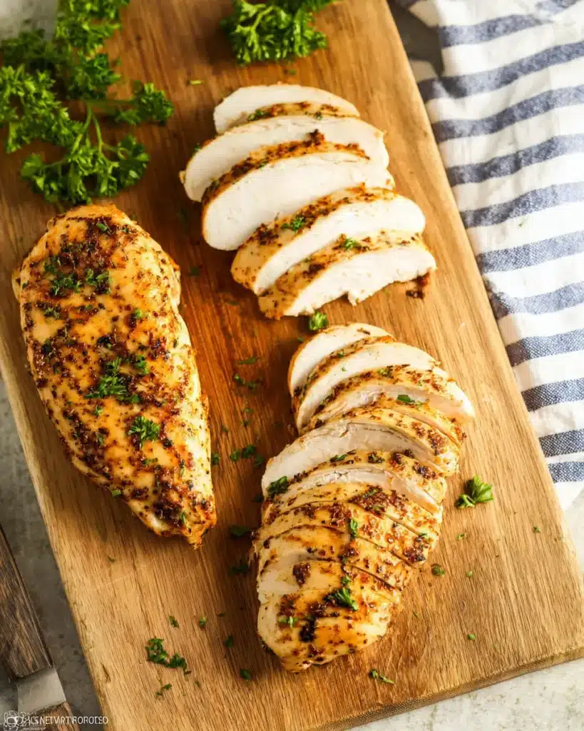 Sliced and whole seasoned chicken breasts on a wooden cutting board with parsley garnish

