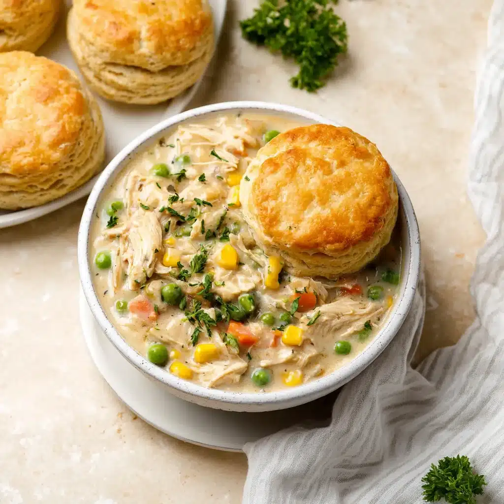 Creamy slow cooker chicken pot pie served in a white bowl, topped with a golden biscuit, surrounded by extra biscuits and fresh herbs