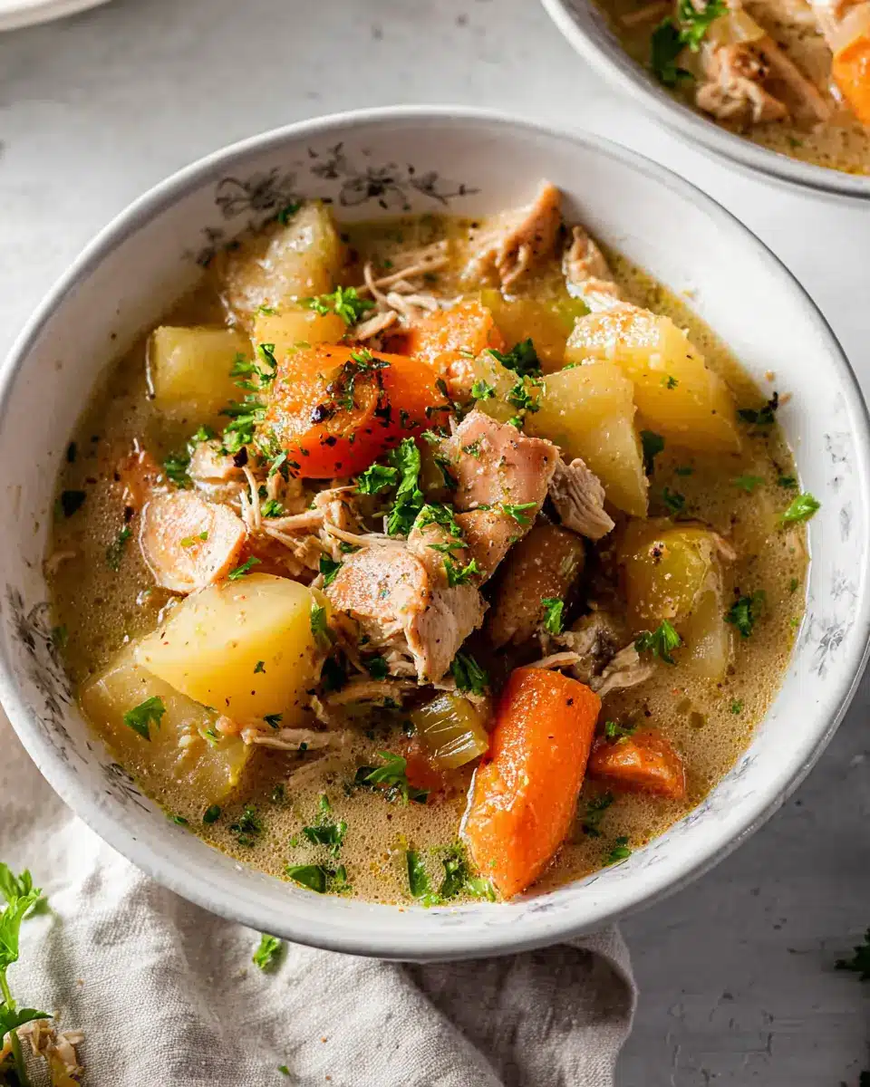 Bowl of hearty slow cooker chicken stew with carrots, potatoes, and herbs in creamy broth