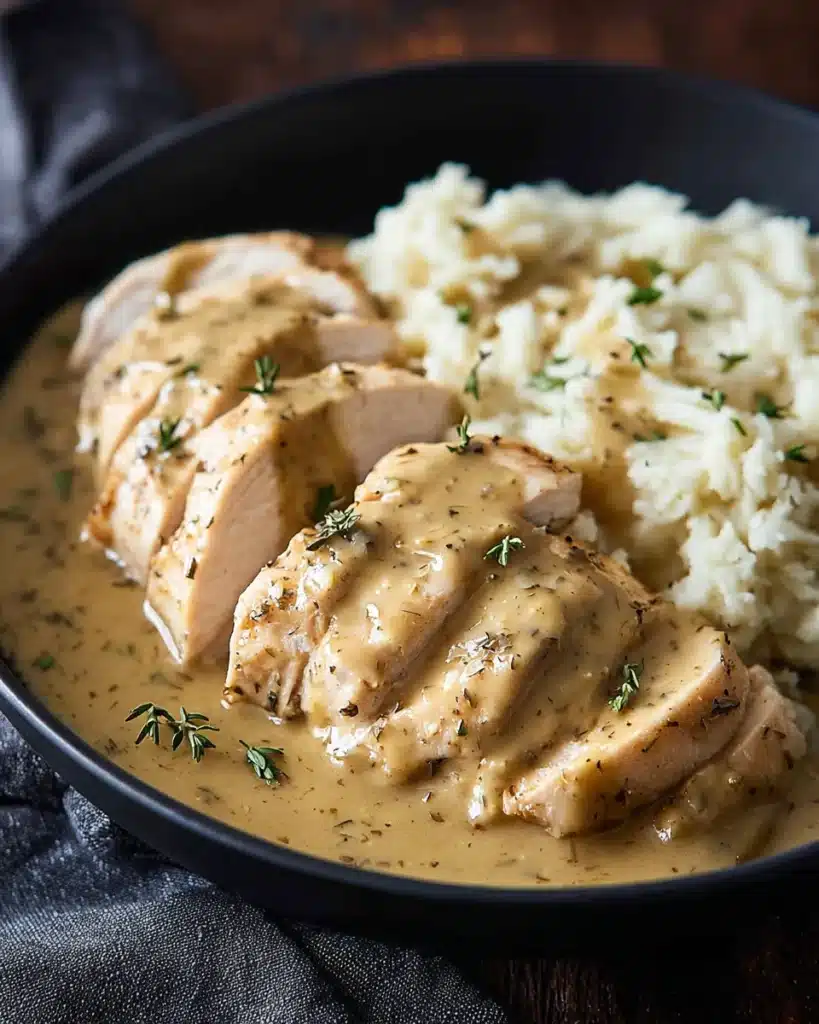 Slow Cooker Chicken and Gravy served over mashed potatoes in a black bowl with herb garnish