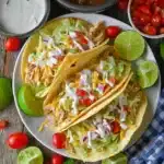 Plate of Slow Cooker Ranch Chicken Tacos with toppings, lime wedges, and ranch dressing on a rustic table.