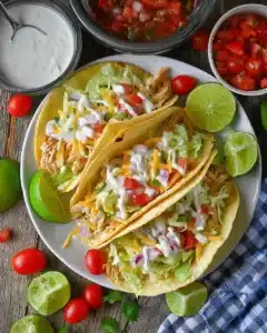 Plate of Slow Cooker Ranch Chicken Tacos with toppings, lime wedges, and ranch dressing on a rustic table.