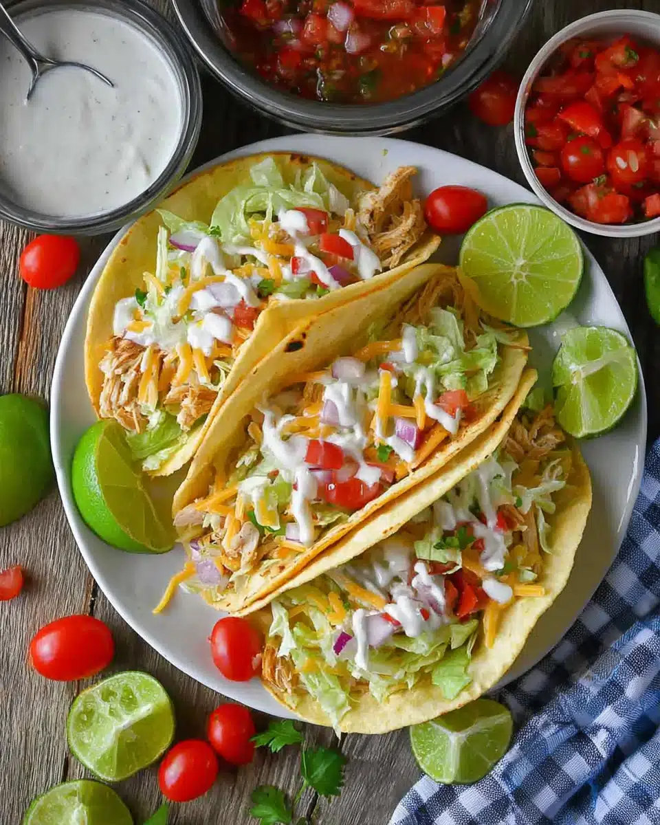 Plate of Slow Cooker Ranch Chicken Tacos with toppings, lime wedges, and ranch dressing on a rustic table.