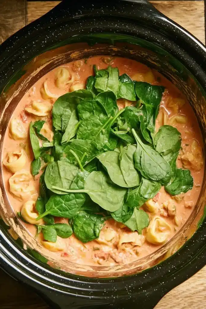 Overhead view of slow cooker tortellini in creamy tomato sauce topped with fresh spinach on rustic wood surface