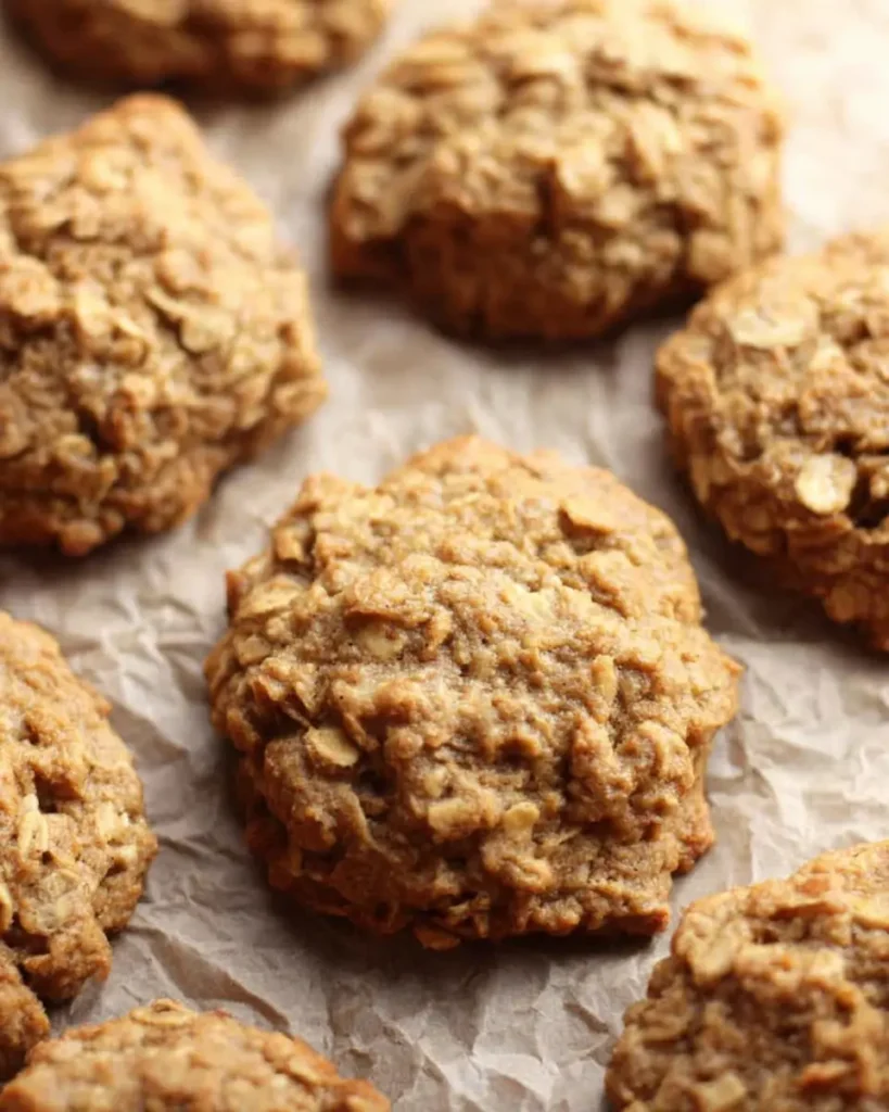 Close-up of soft pumpkin oatmeal cookies with oats and cracked texture, resting on crinkled parchment paper, showing a warm golden-brown color and homemade rustic appearance.