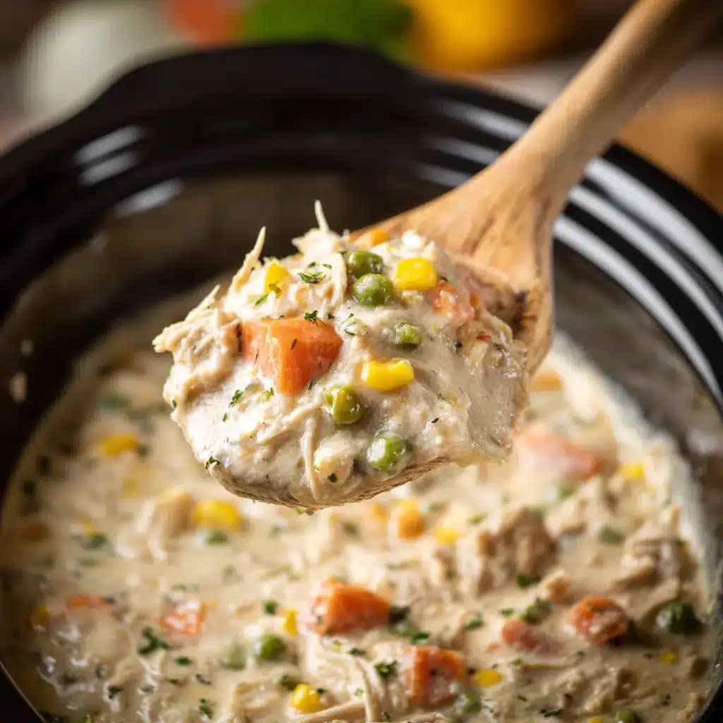 Wooden spoon lifting creamy chicken pot pie filling from a slow cooker, with carrots, corn, and peas visible