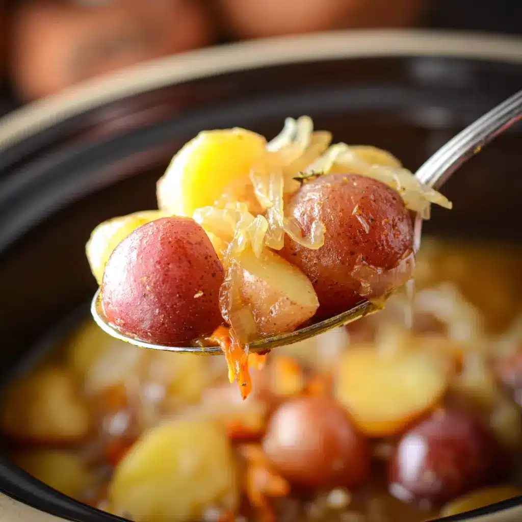 Close-up spoonful of Crock Pot Potatoes and caramelized onions