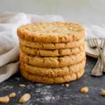 Stack of golden-brown peanut butter cookies with fork marks, sea salt, and peanuts on a textured surface