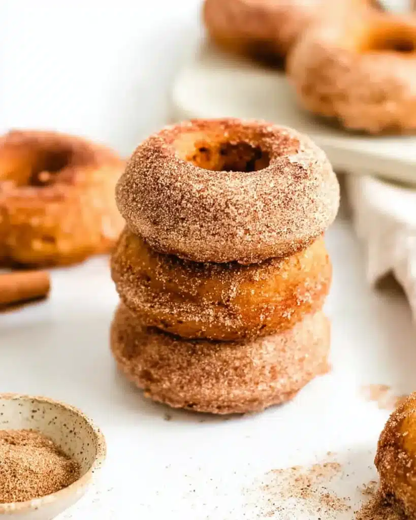 Stack of cinnamon sugar baked pumpkin donuts on white surface with cozy fall elements
