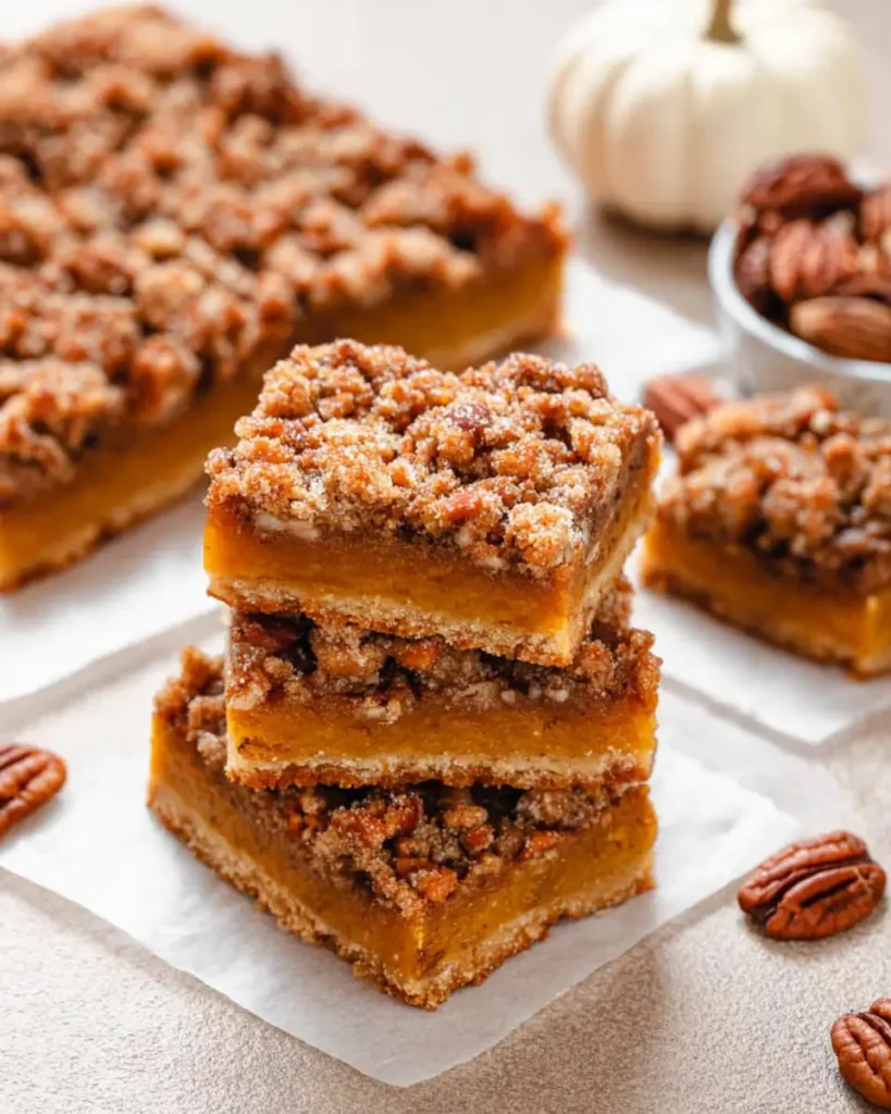 Stacked pumpkin pecan pie bars on parchment paper, with crunchy pecan topping, creamy pumpkin center, and cookie crust.