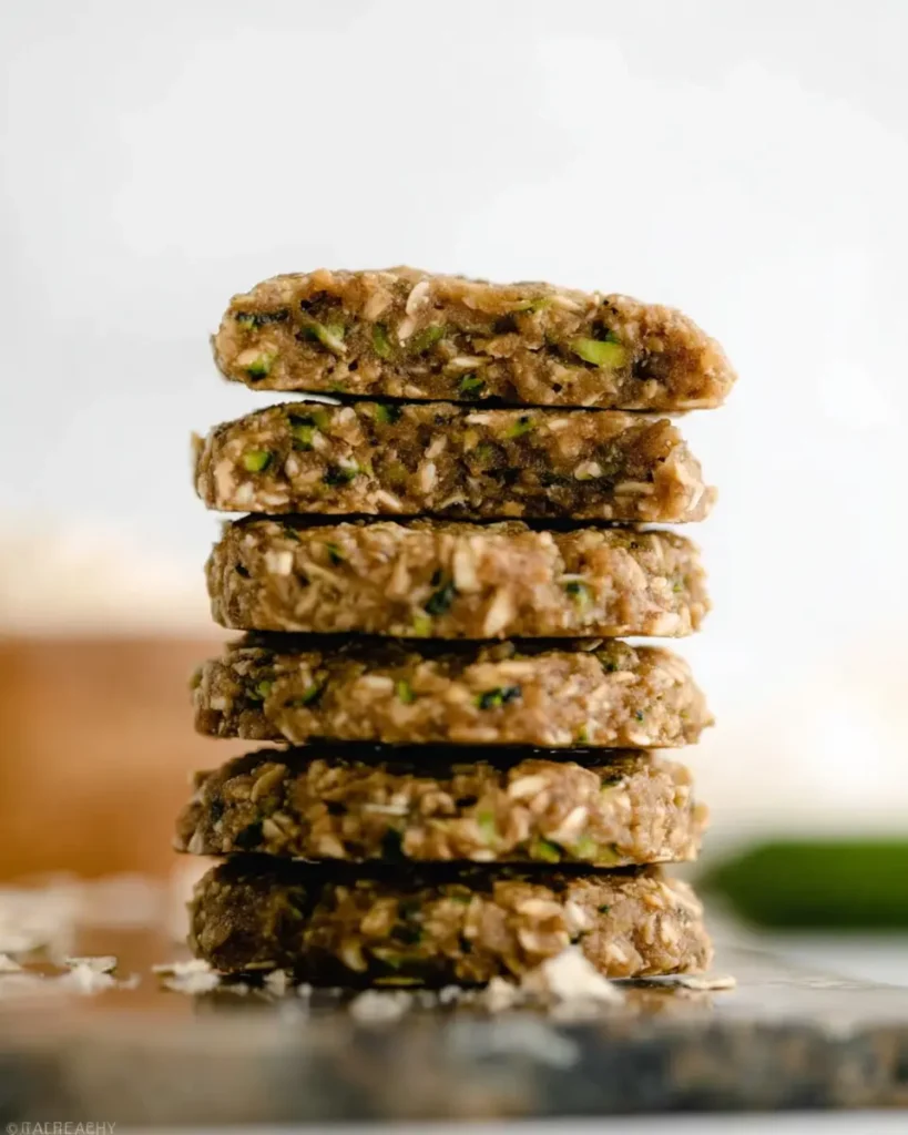 Stack of soft zucchini oatmeal cookies, top cookie halved to show moist, dense interior with oats and zucchini.