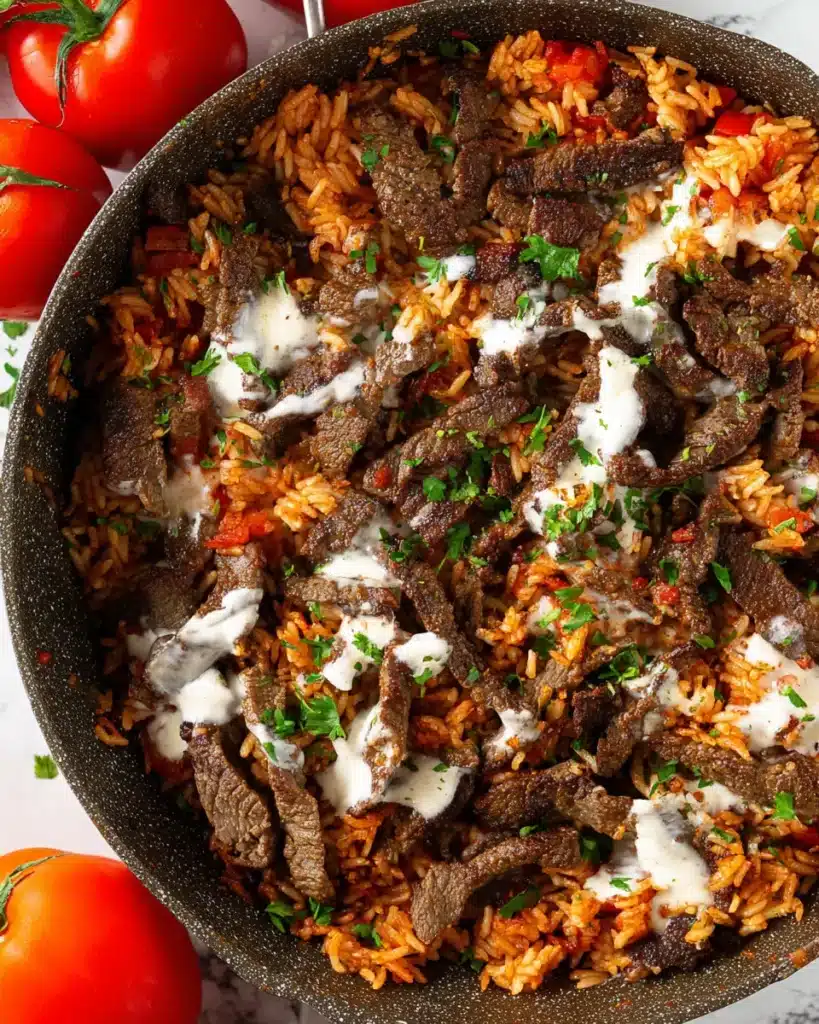 Close-up of Steak and Queso Rice in a skillet with juicy steak strips, fluffy tomato rice, white queso drizzle, and fresh herbs.