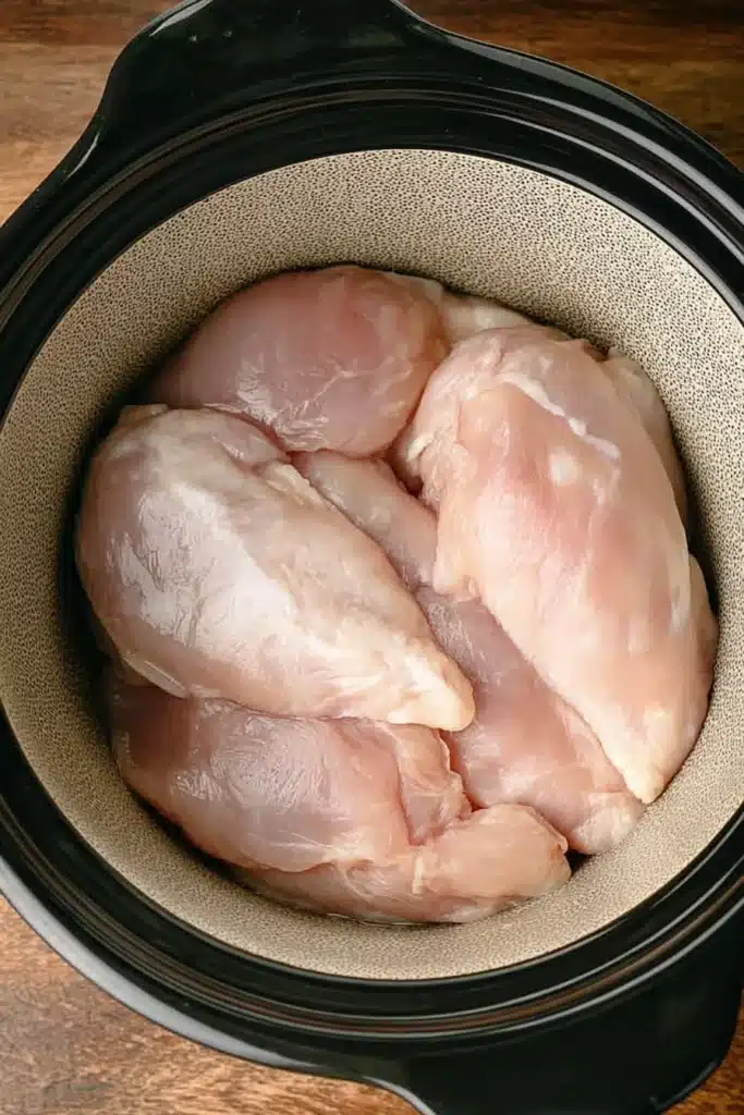 Raw chicken breasts in a slow cooker, ready for CrockPot chicken tortellini recipe prep