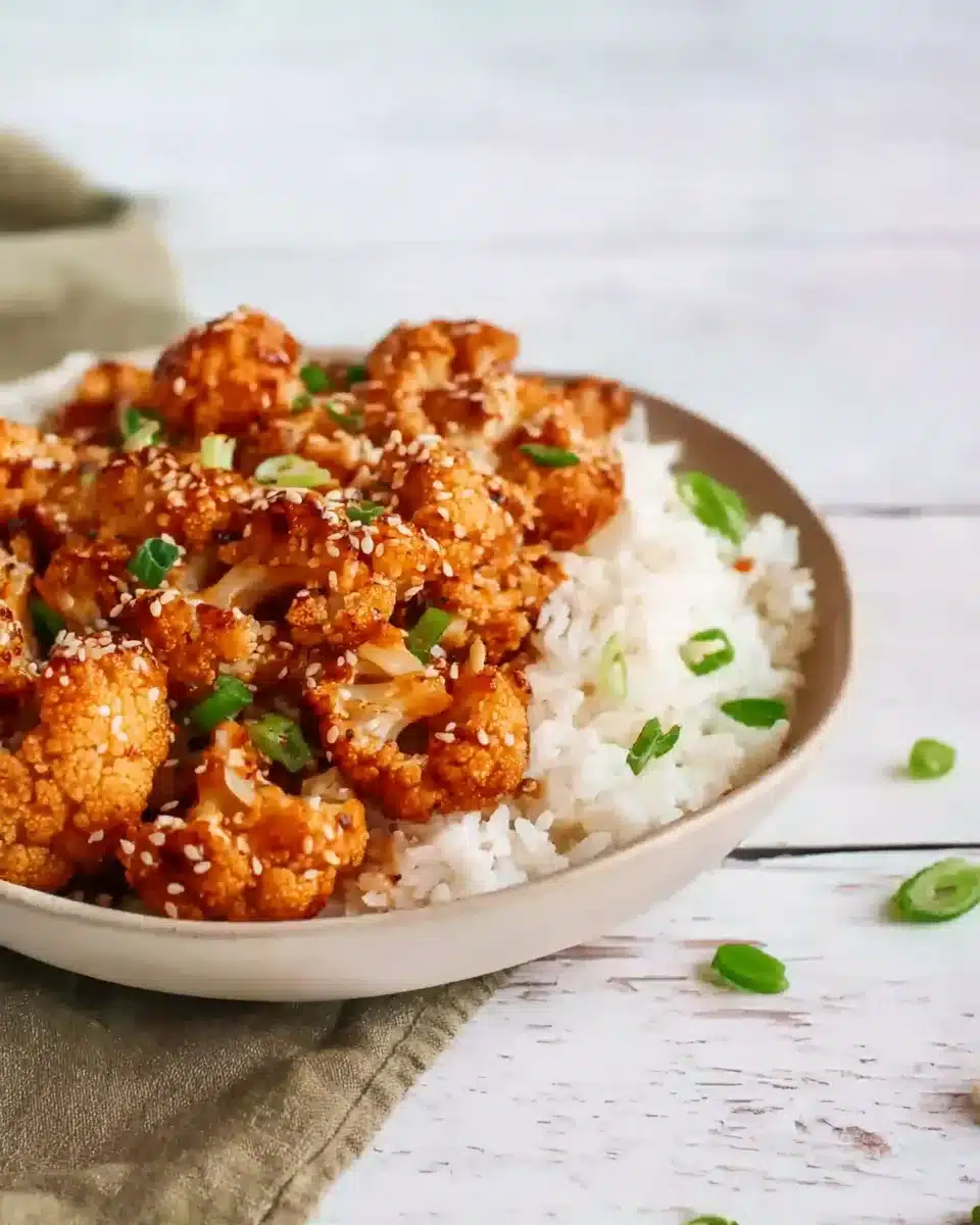 Bowl of sticky sesame cauliflower with white rice, garnished with green onions and sesame seeds on a rustic wooden table.
