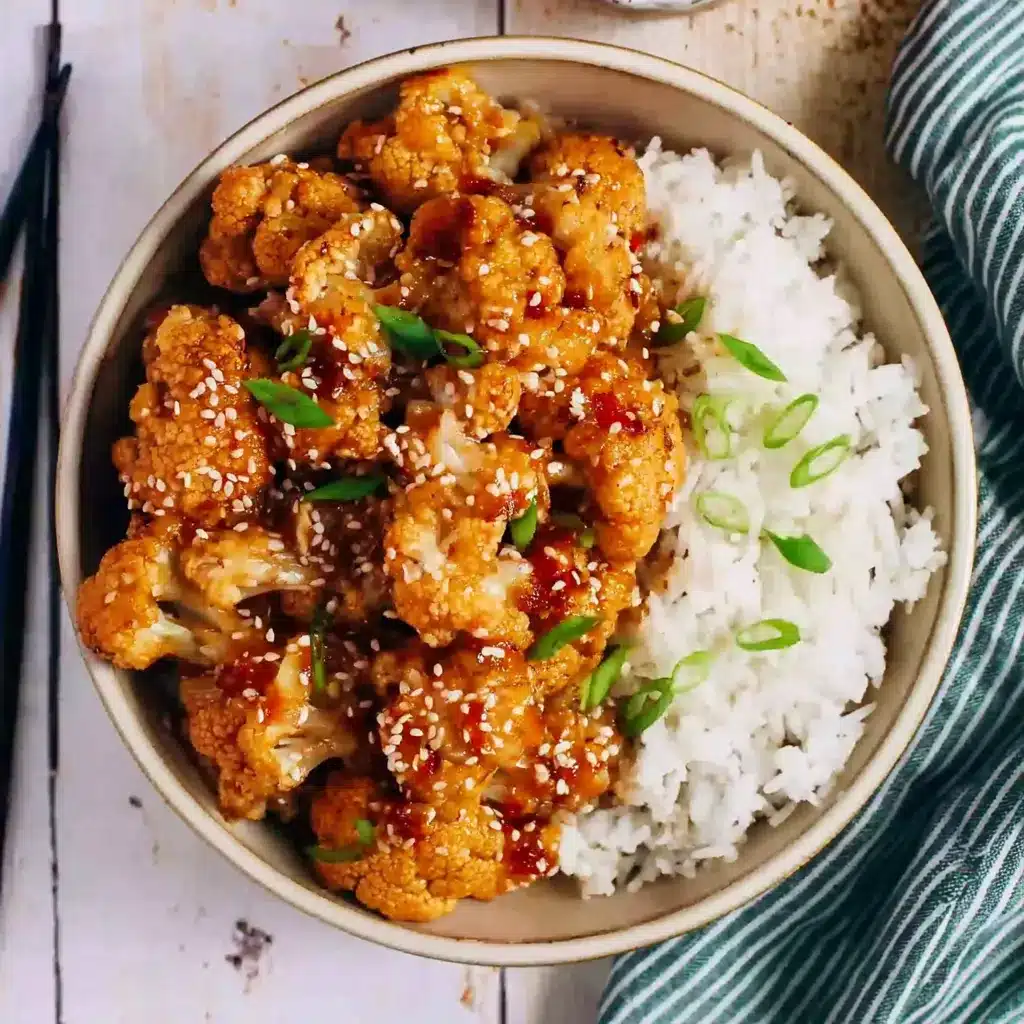 Top view of a bowl of sticky sesame cauliflower with jasmine rice, garnished with green onions and sesame seeds on a rustic wood table.