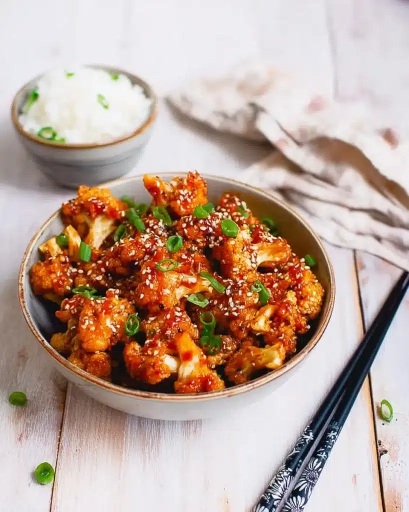 Bowl of sticky sesame cauliflower topped with sesame seeds and green onions, served with white rice on a rustic table.