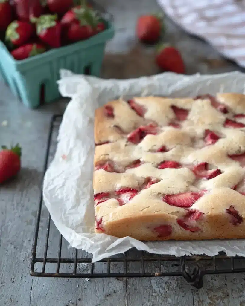 Freshly baked strawberry lemon blondies in pan with strawberries in background